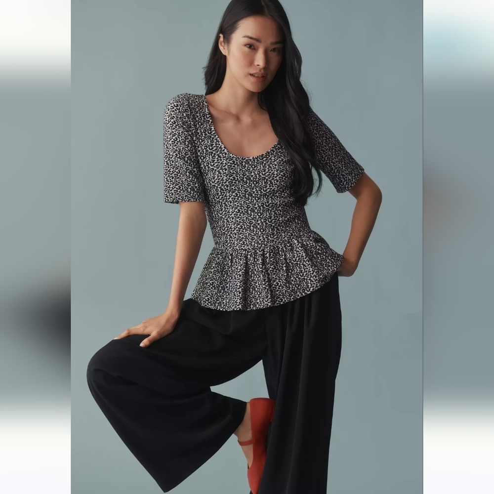 Anthropologie Maeve NWT black and white peplum scoop neck top size small